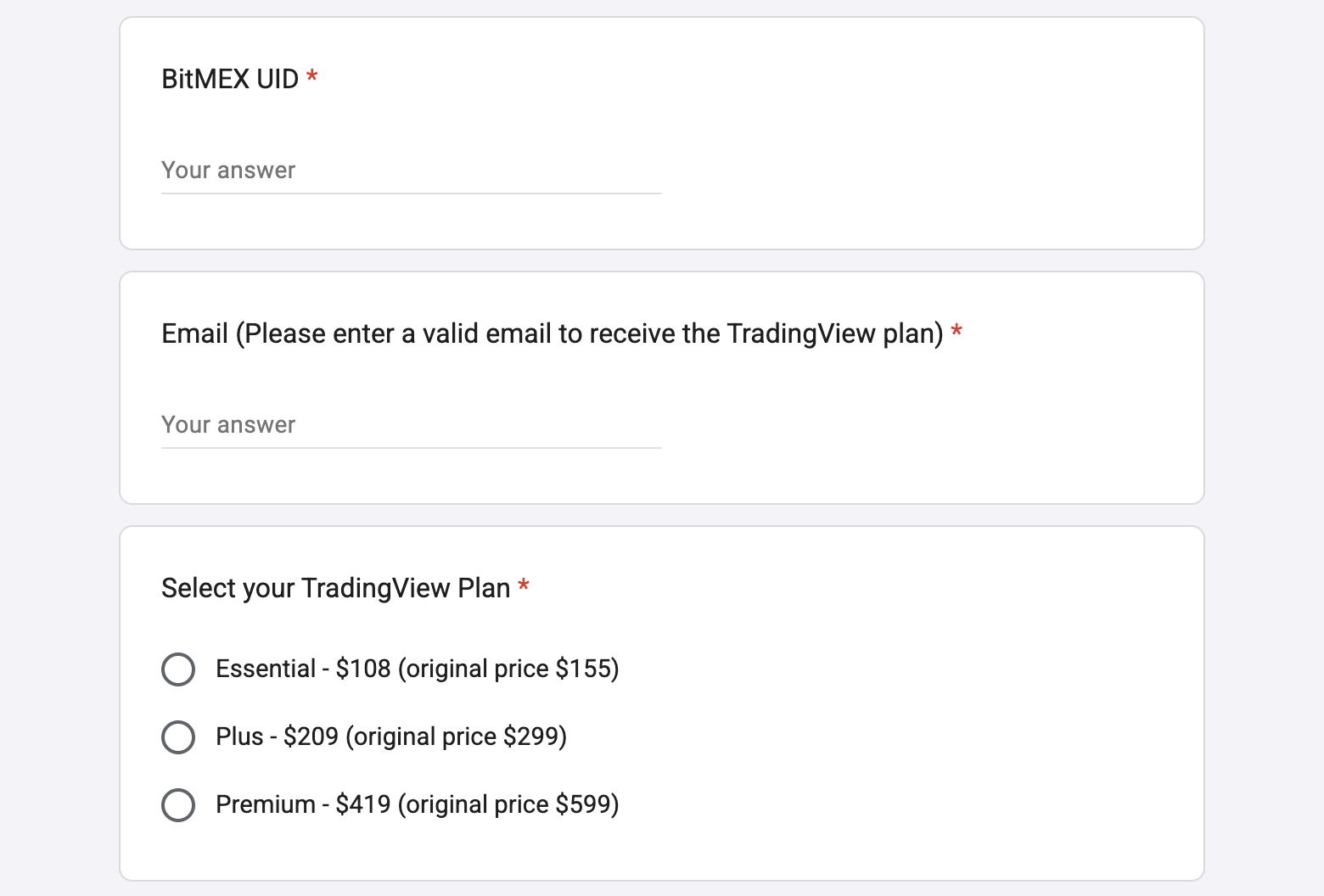 The application form, asking for your BitMEX UID, your email address and the TradingView plan you want.